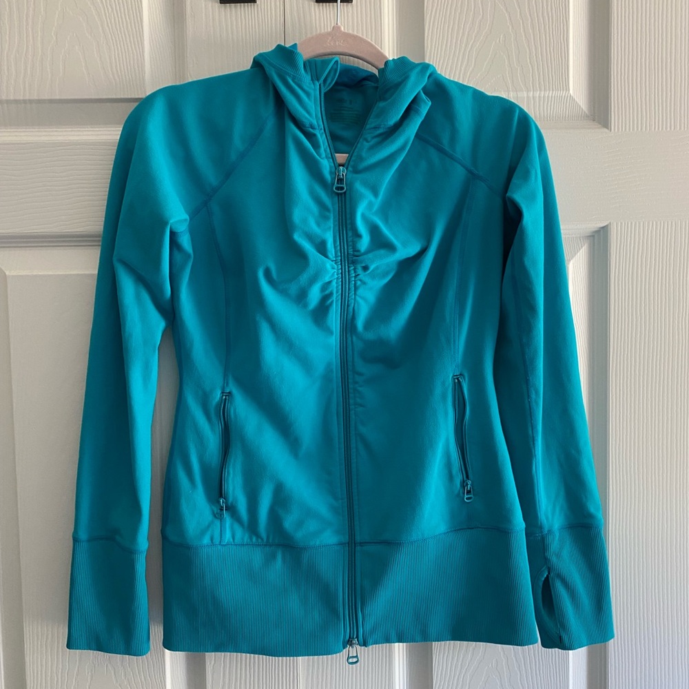 Zella Athletic Full Zip Blue Hooded Jacket with Thumb Hole Size Small